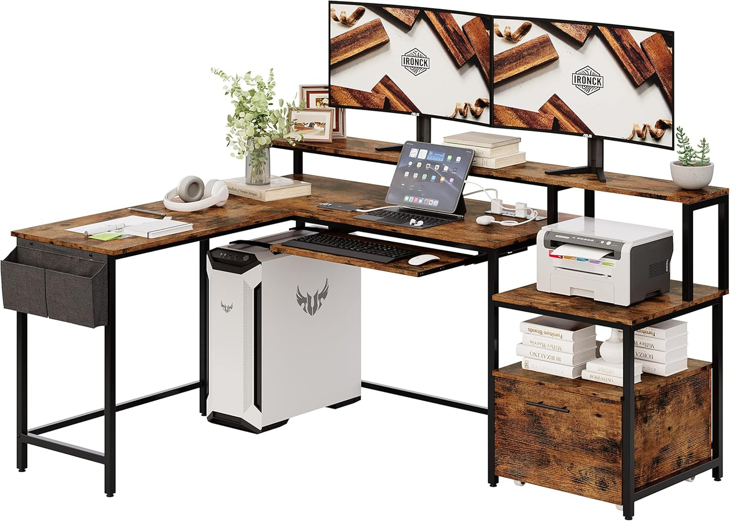 Premium L-Shaped Desk with Power Outlet & Storage