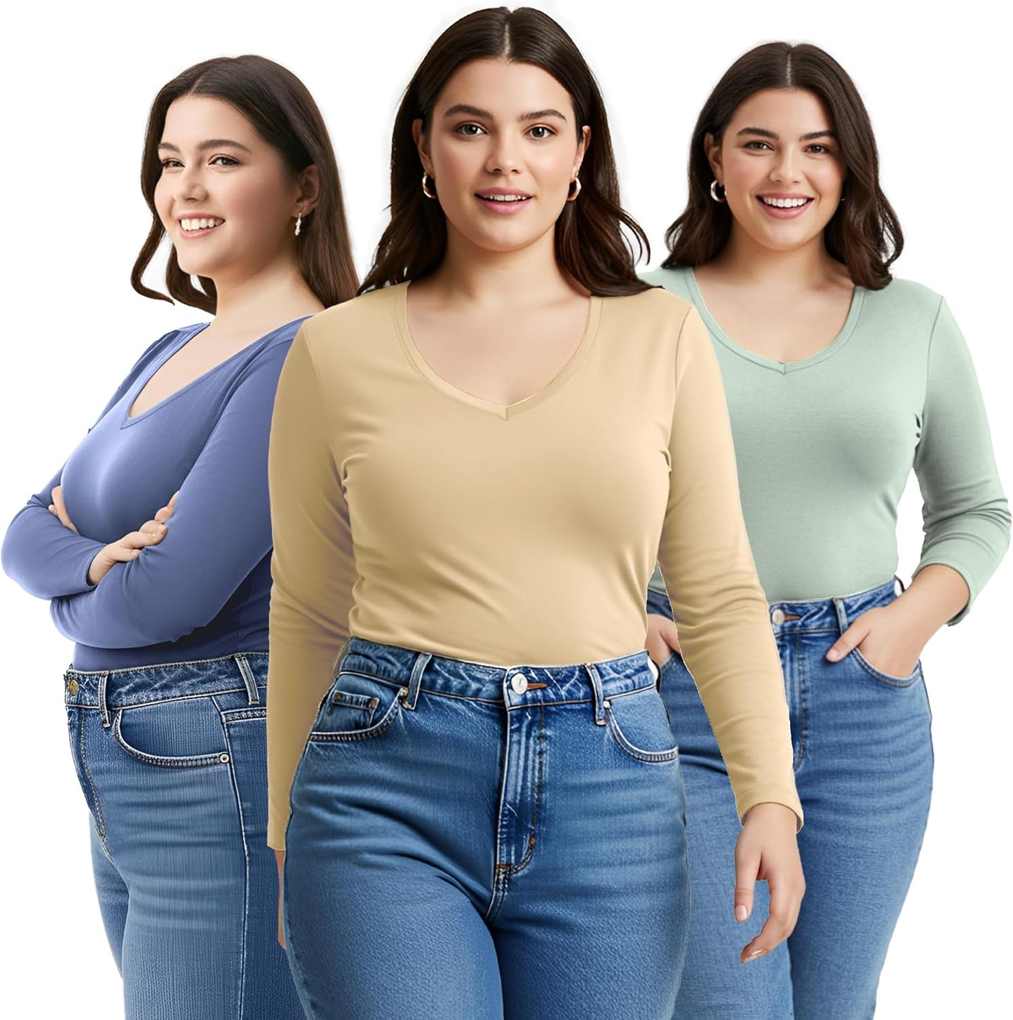 Emmalise Women's Junior Plus Size Vneck Long Sleeve Tee Shirt