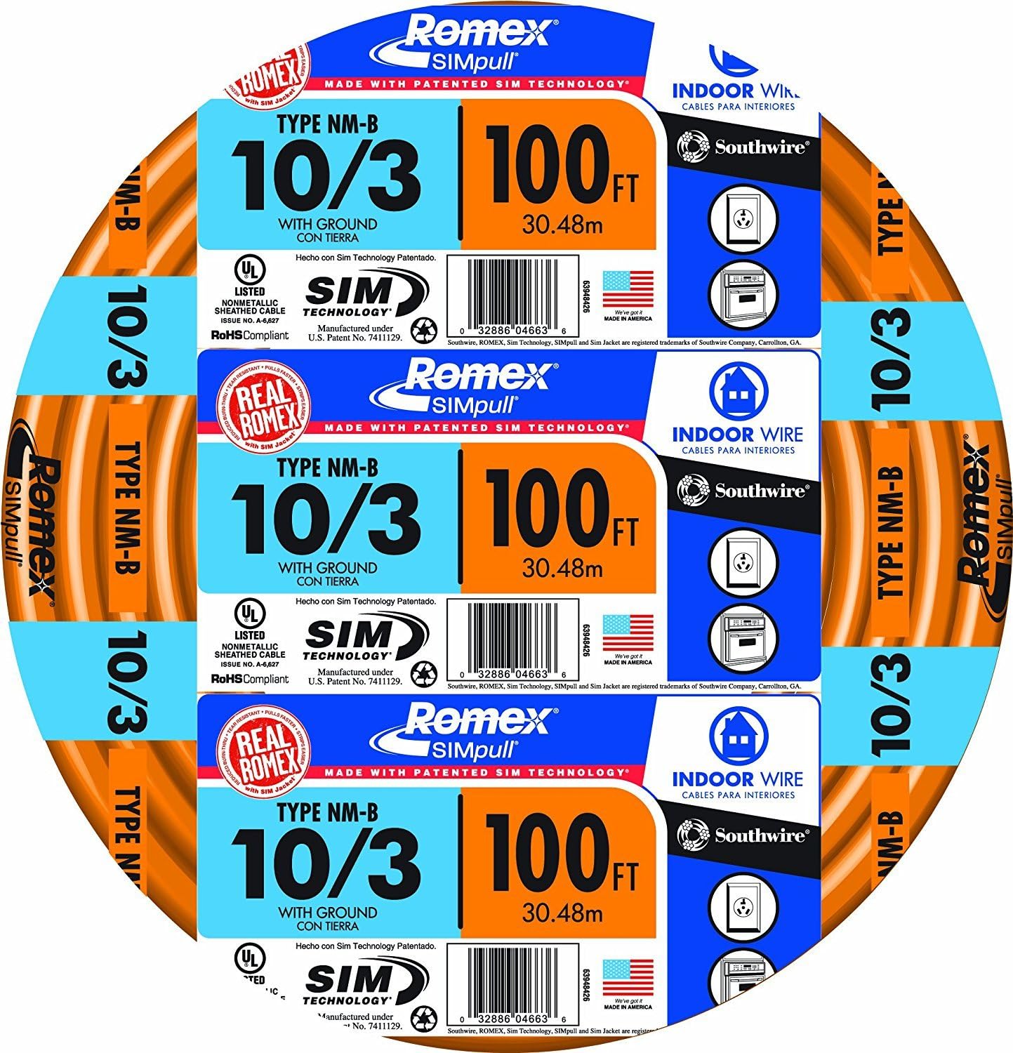 Southwire Romex Simpull Solid Indoor 10/3 NMB Cable 100ft Coil