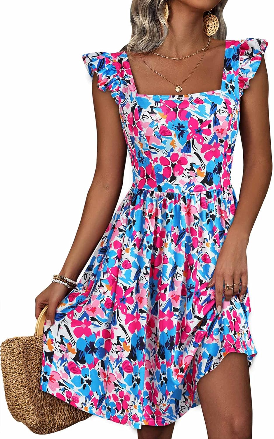 Loemes Summer Casual Floral Flowy Square Neck Sundress for Women
