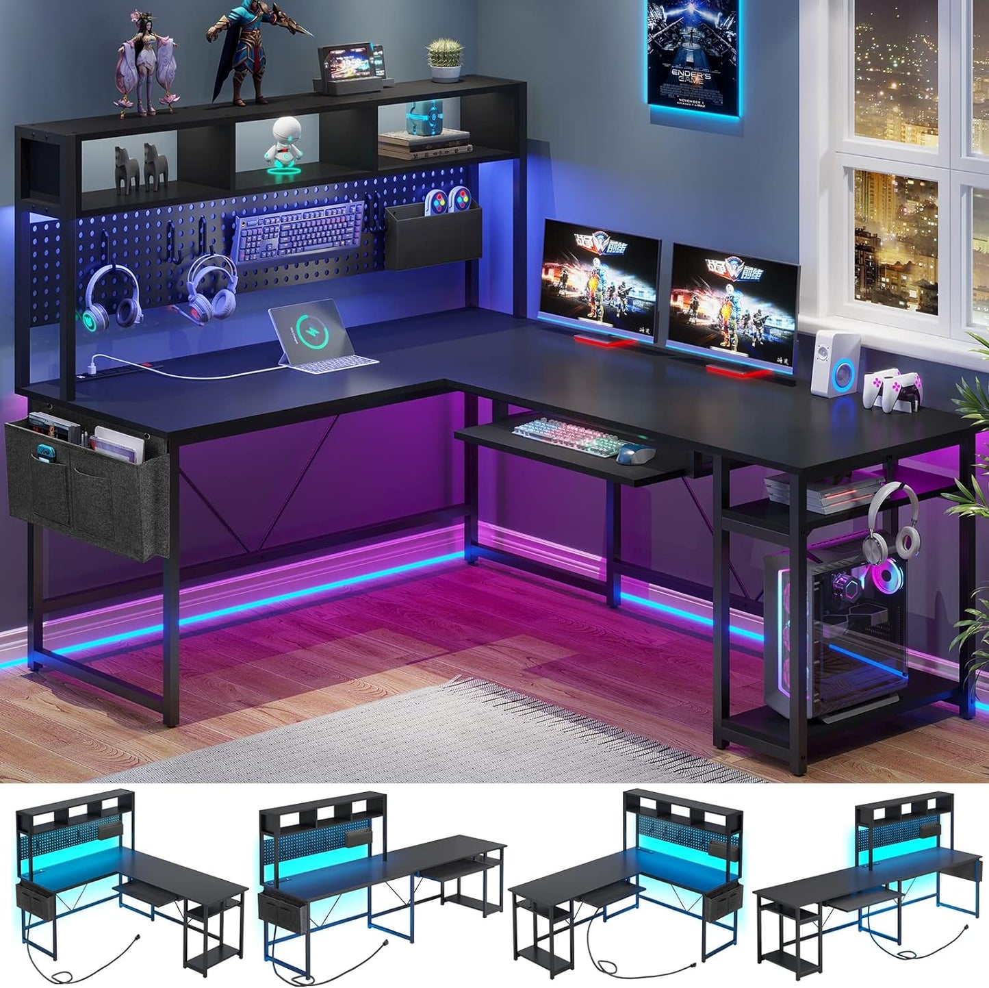 SEDETA Reversible Gaming Desk with Power Outlet & LED Lights