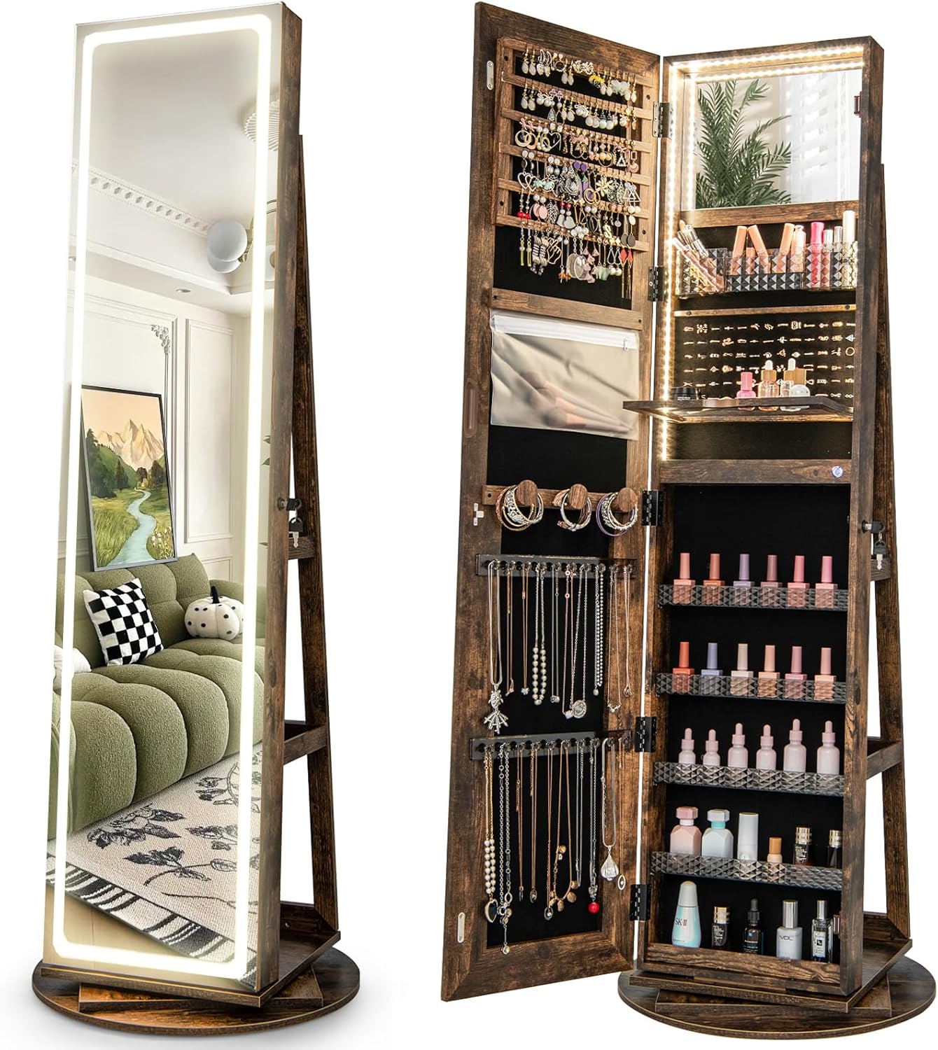 360 Rotating Jewelry Armoire with LED Lighted Mirror & Storage
