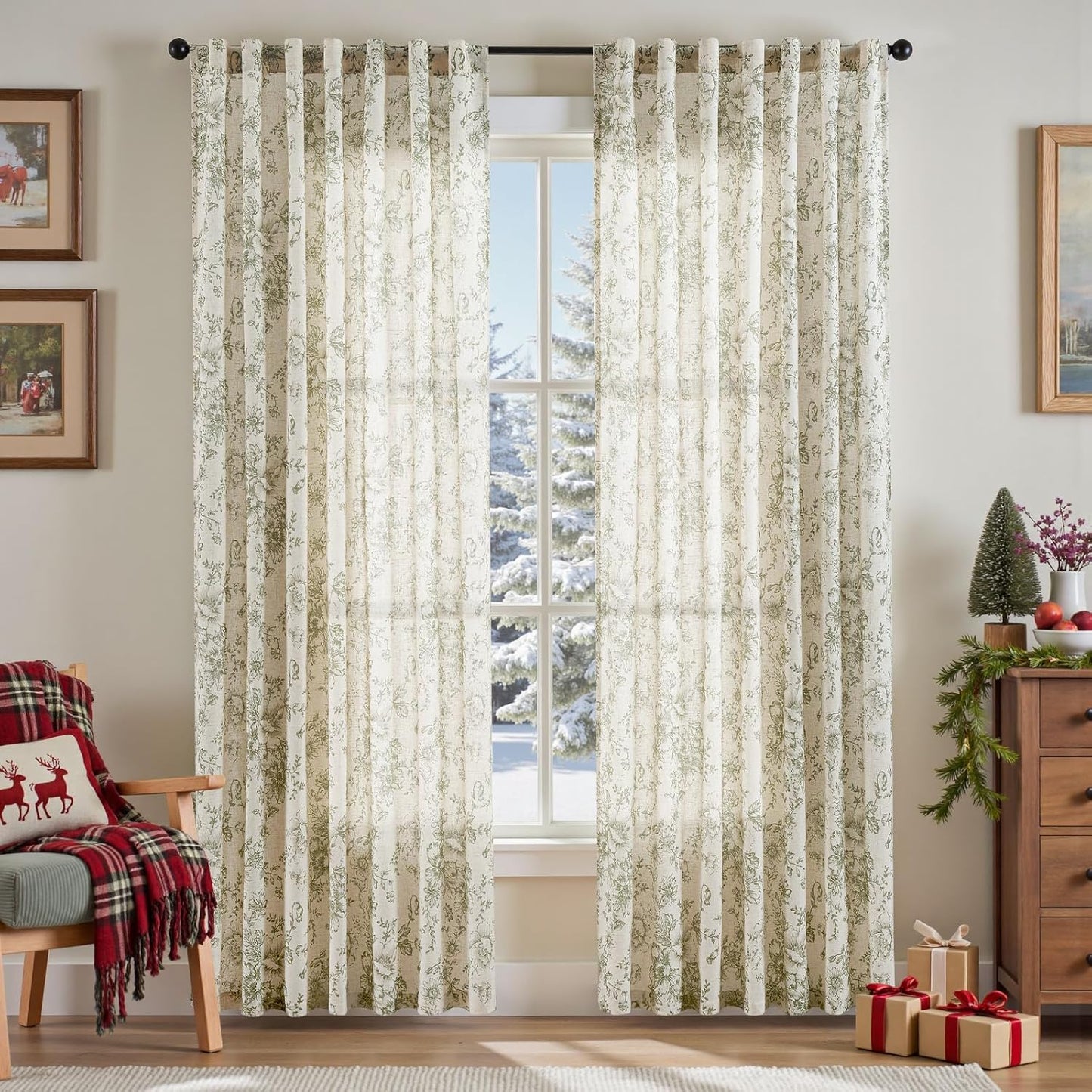 Elegant Floral Linen Blend Curtains for Living Room and Bedroom