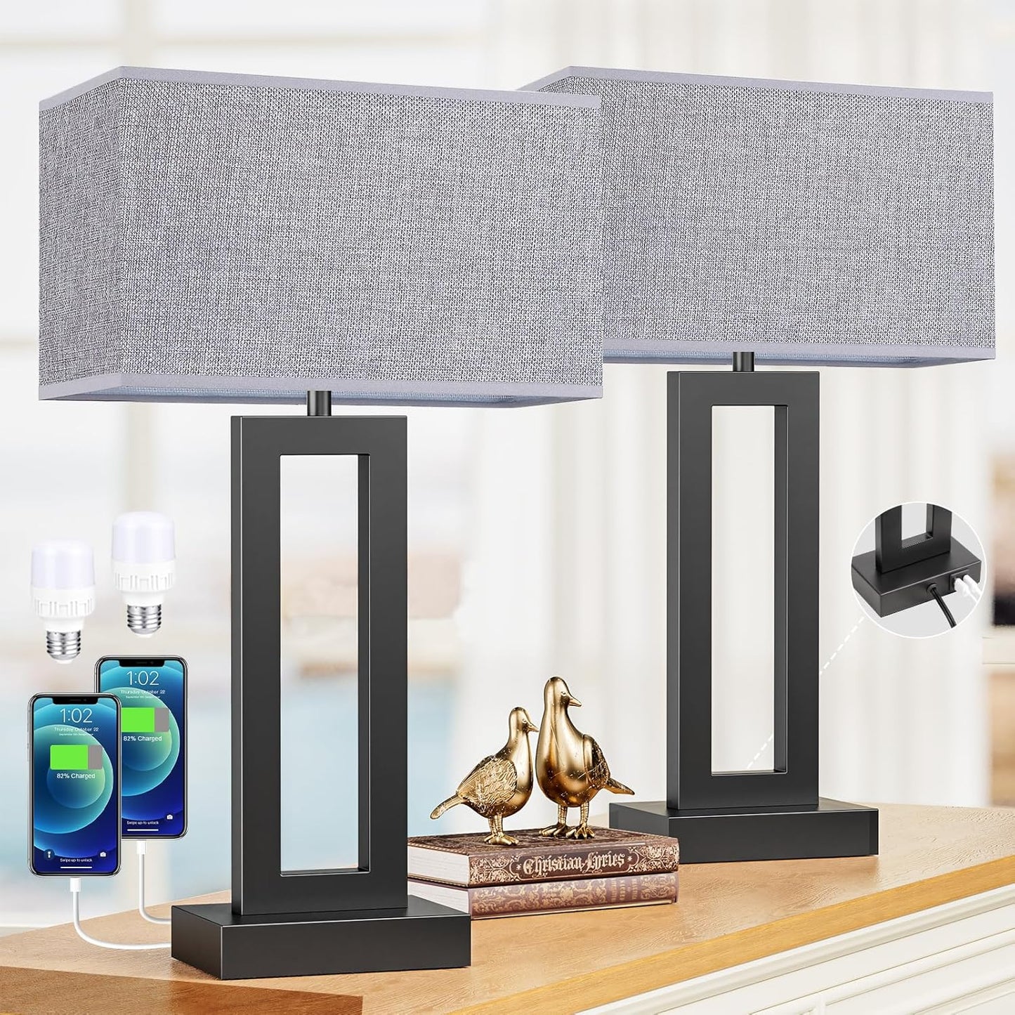 22 Inch Tall Modern Living Room Lamps with USB Charging Ports