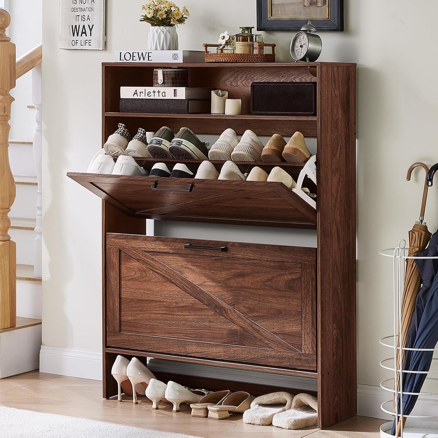 Shoe Storage Cabinet with 2 Flip Drawers for Entryway Organization