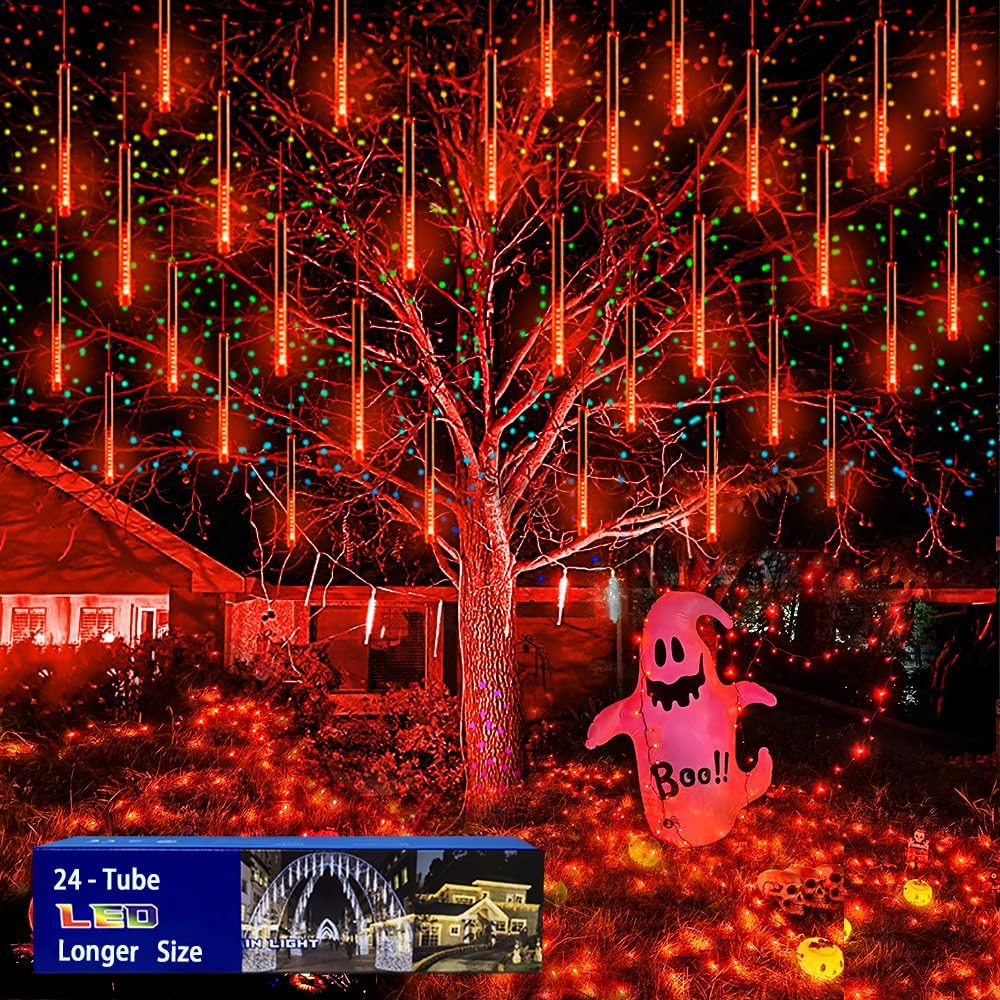 Enchanting 24-Tube Orange Meteor Shower Lights for Halloween Fun