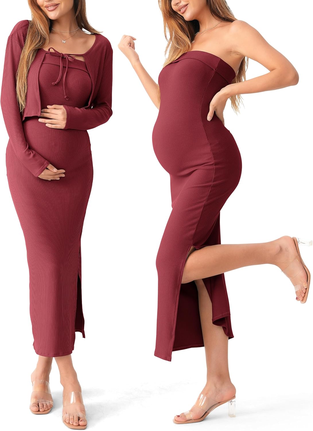 SUNNYBUY Maternity Tube Dress and Cardigan Set for Moms-to-Be