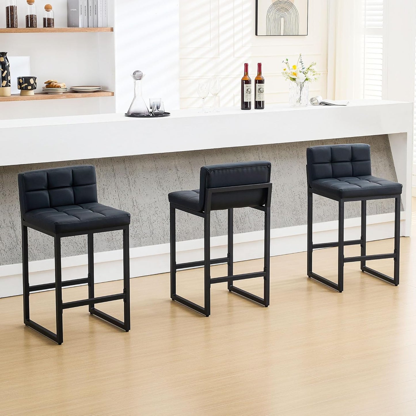 Bar Stools Set of 3, Upholstered Faux Leather Counter Height