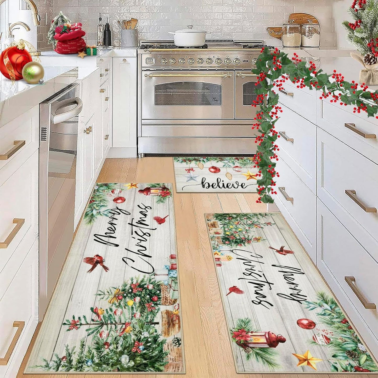 Ileading Christmas Kitchen Rugs Set of 3 for Festive Decor