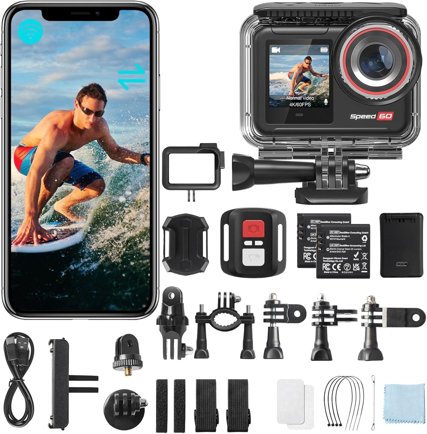 Hiicam 4K60FPS Action Camera: 8X Zoom, HDR Touch Screen, Waterproof