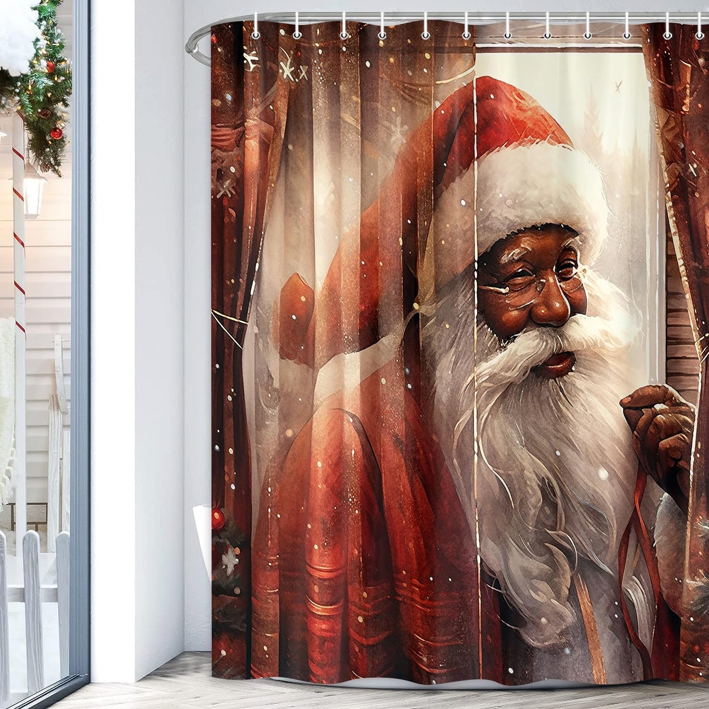 African American Xmas Shower Curtain Set - Festive Winter Bathroom Decor
