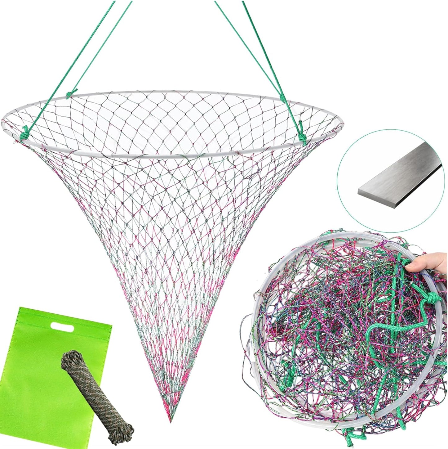 DAMIDEL Heavy-Duty Fishing Net: Coarse Steel Hoop, Colorful Dual-Line Mesh