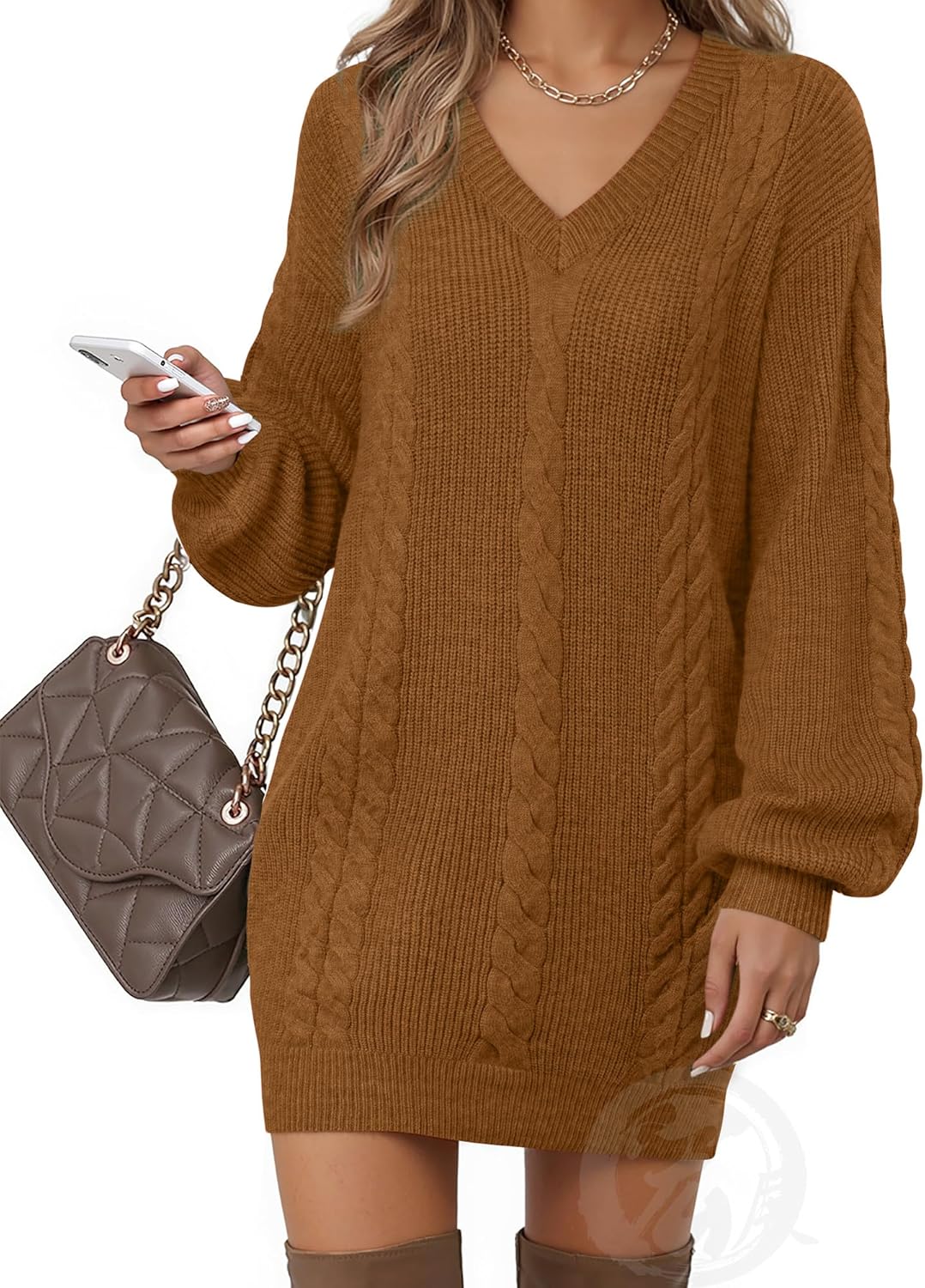 Women's V Neck Lantern Sleeve Casual Knit Mini Sweater Dress