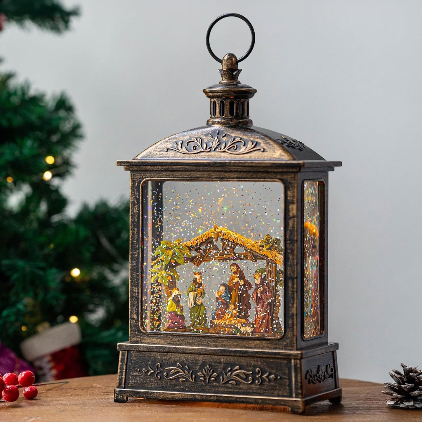 Christmas Snow Globe Lantern with Music & Timer for Holiday Cheer