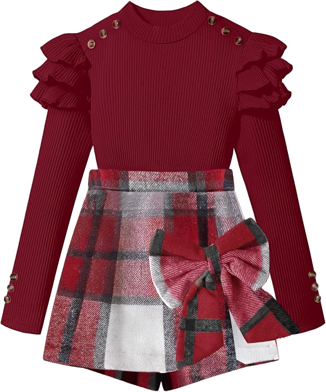 Girls Clothes Ruffle Long Sleeve Top and Bowtie Plaid Skort Set