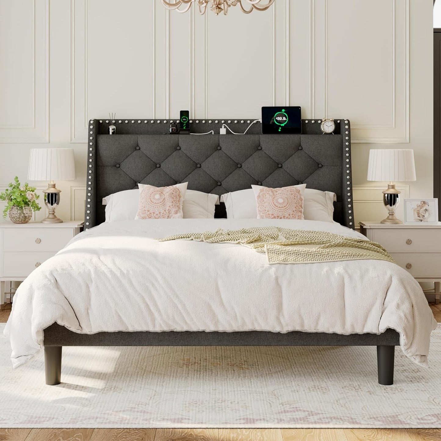 Full Size Bed Frame with Wingback Storage Headboard and Ports
