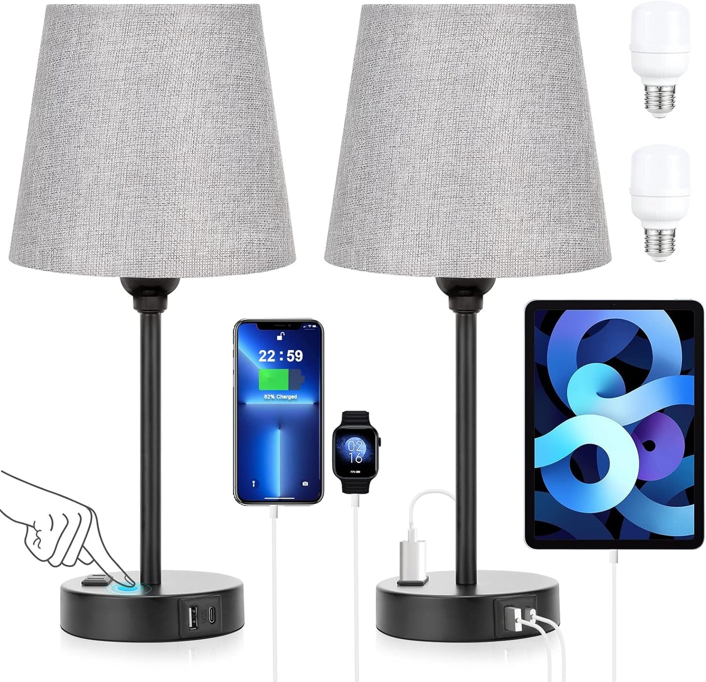 Grey Bedside Lamps Set of 2 with USB C Port and Dimmable Touch