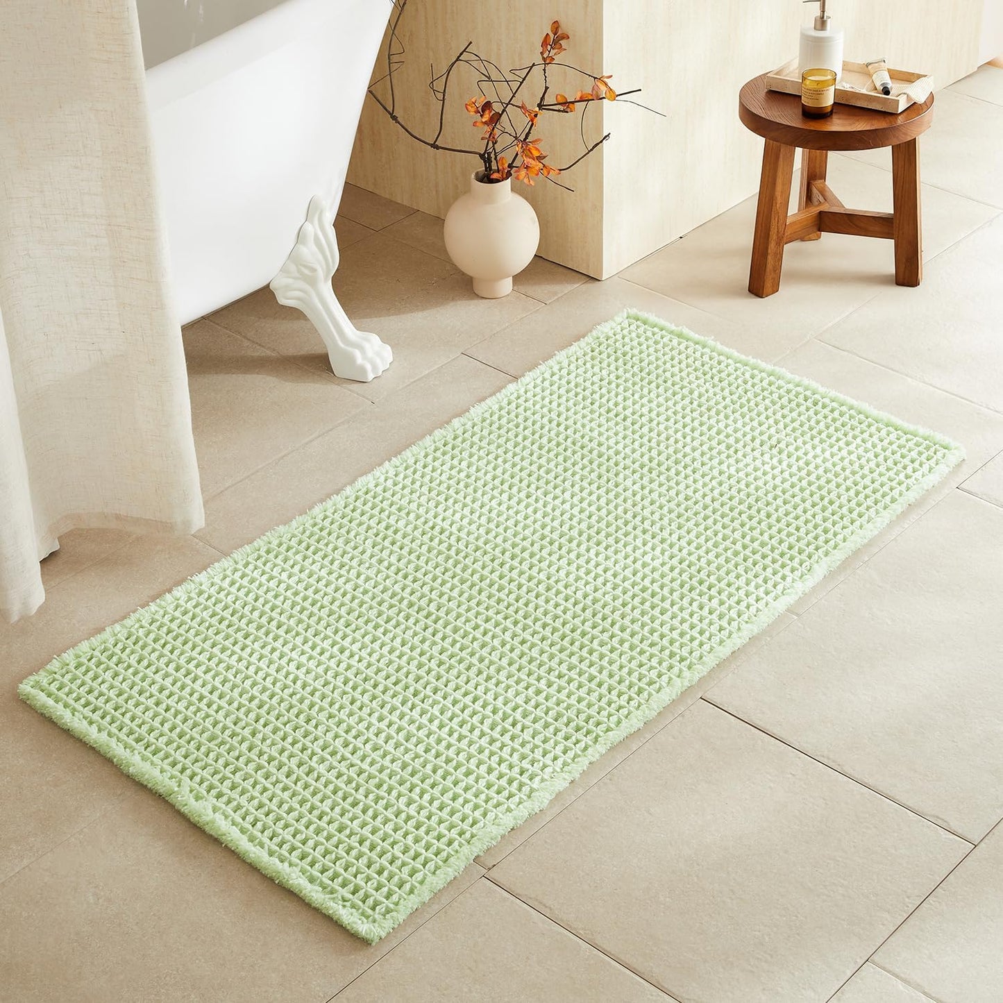 Waffle Bath Mat Non Slip Washable Super Absorbent Pale Green