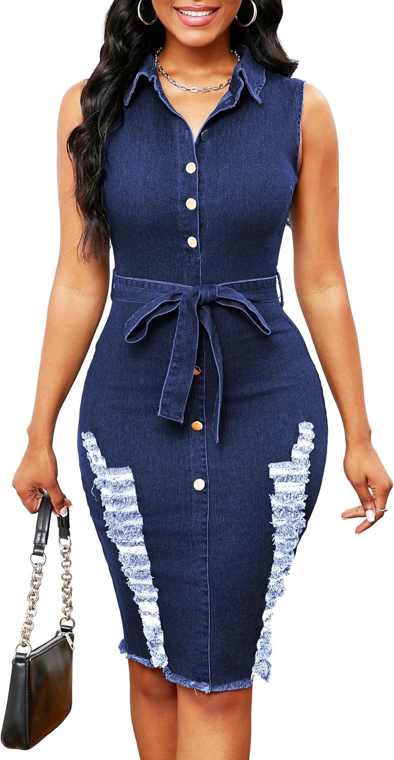 Denim Dress for Women Bodycon Sexy Short Sleeve Jean Split Workwear