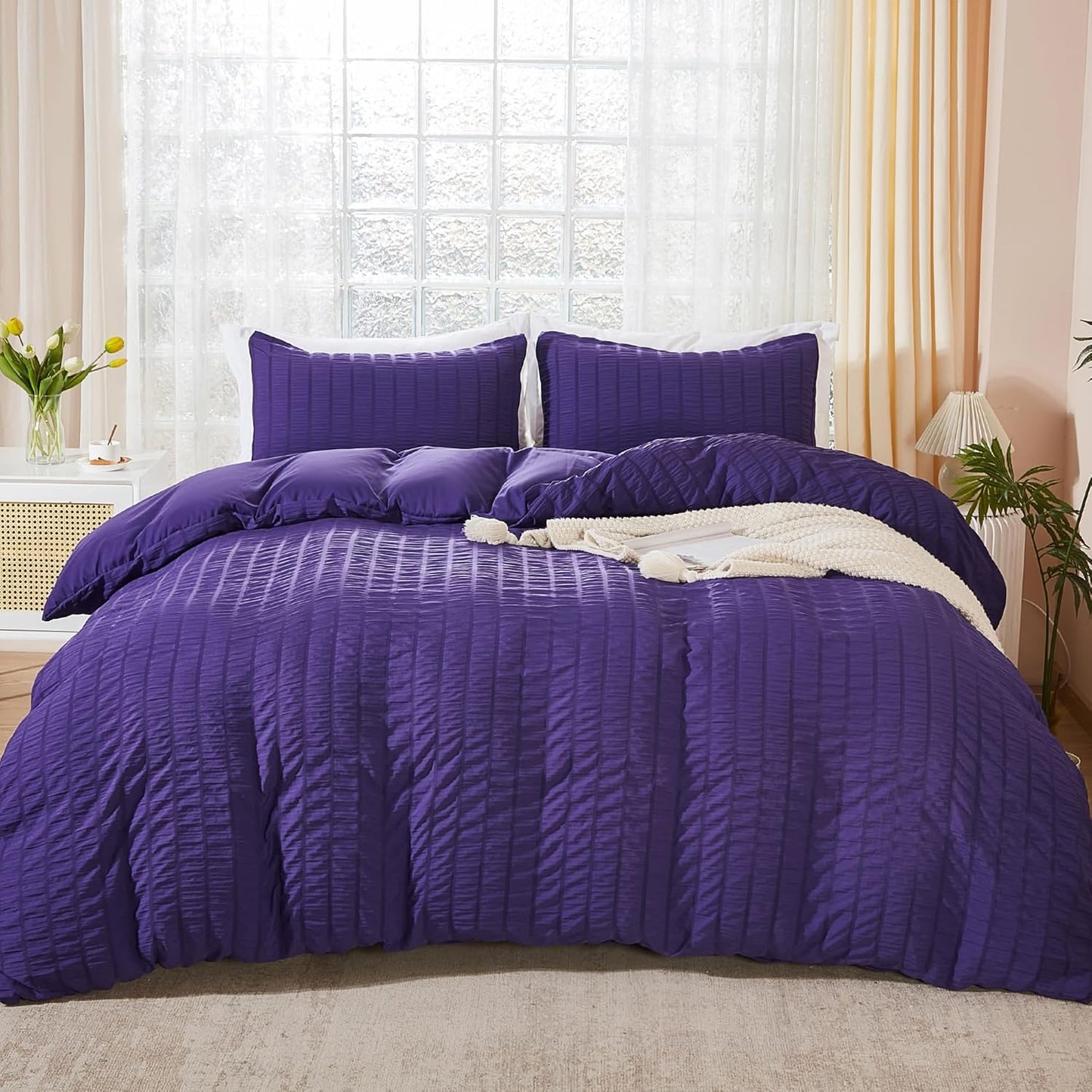 AveLom Dark Purple King Duvet Cover Set with Seersucker Design