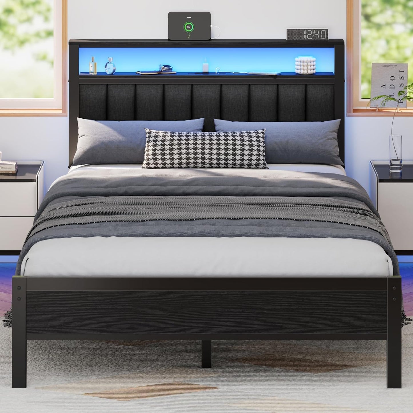Furnulem Full Size Bed Frame with LED Lights and Charging Station