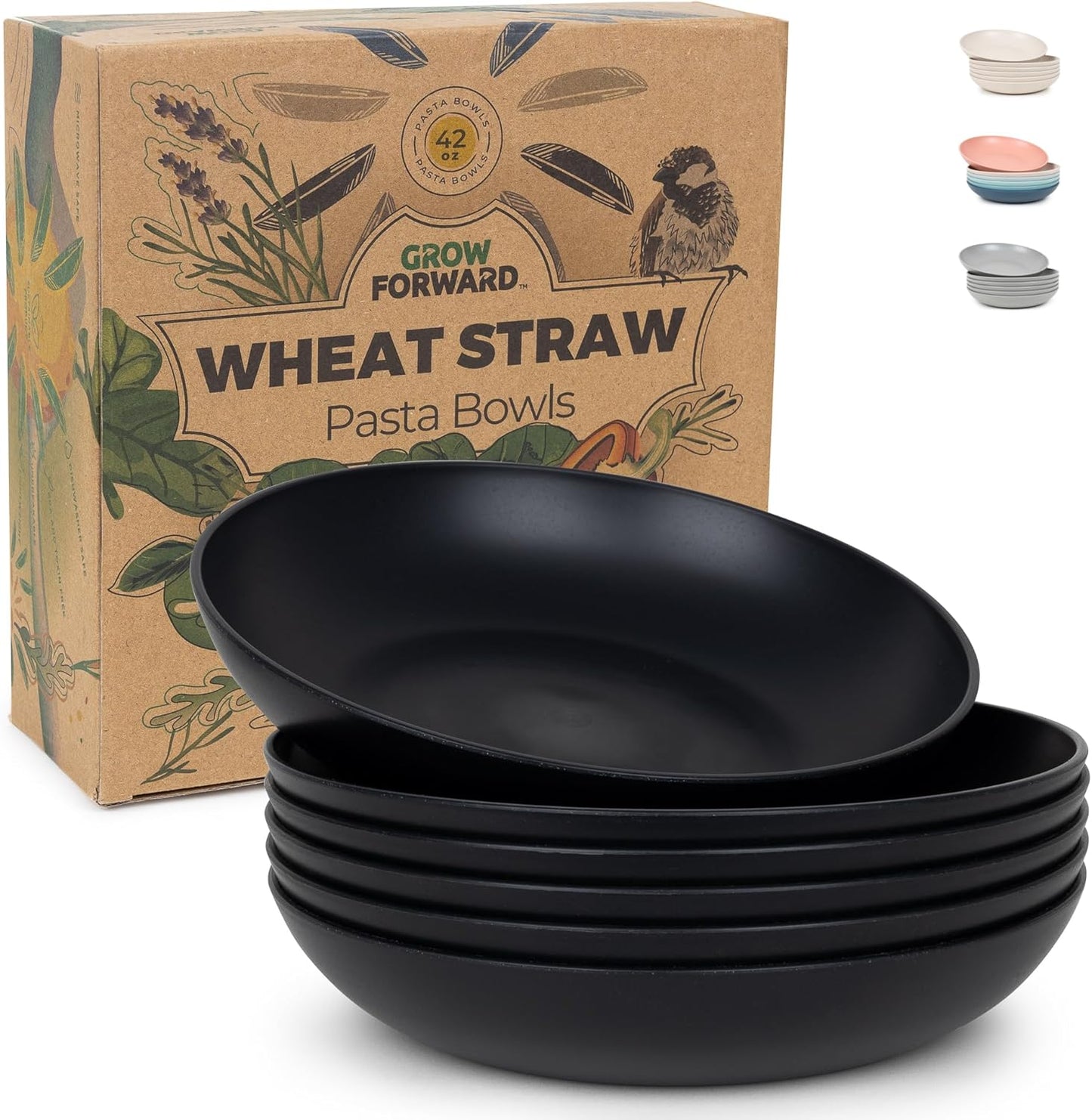 Unbreakable Wheat Straw Pasta Bowls Set - 42oz, Set of 6 - Microwave Safe & Reusable - Midnight