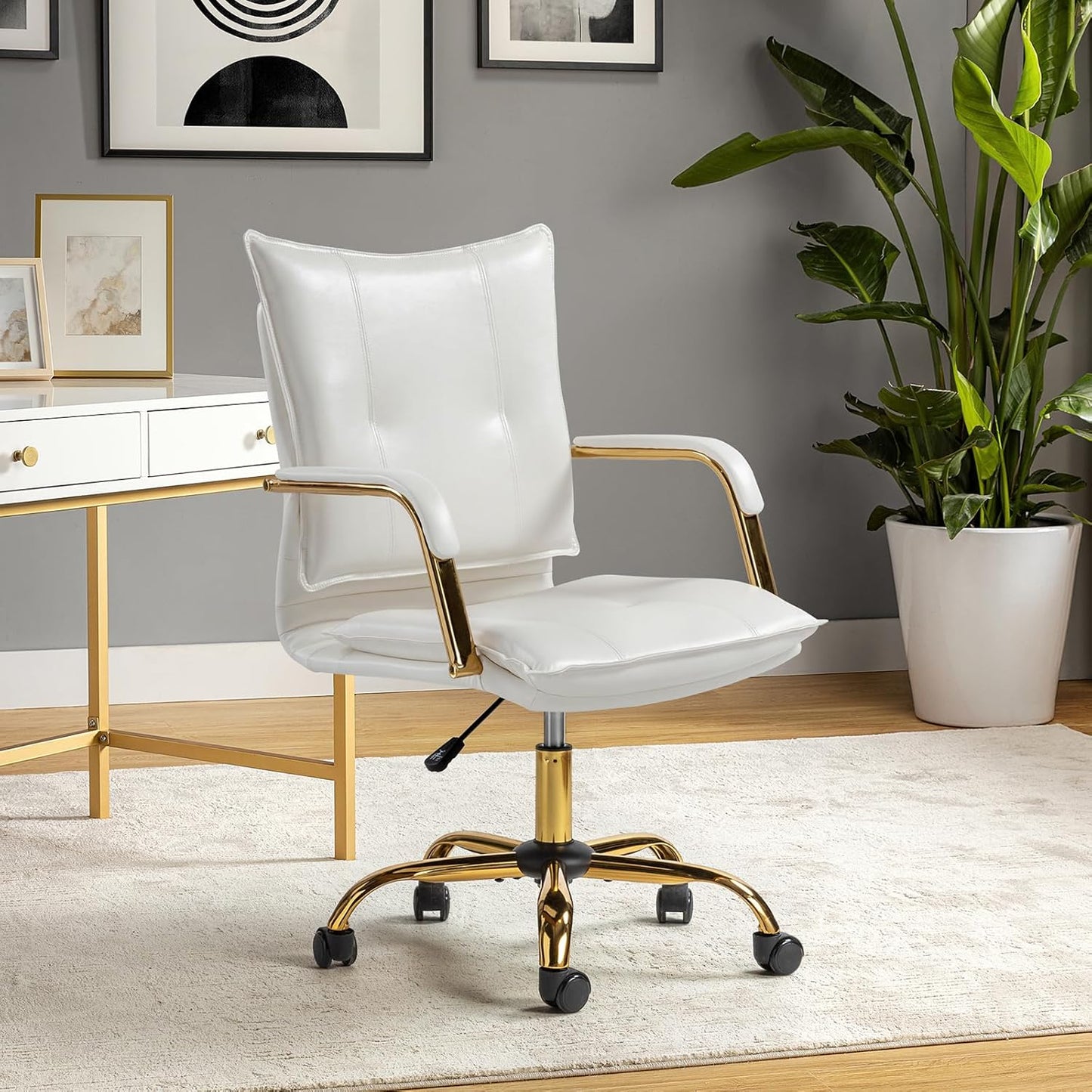 Golden-Leg Faux Leather Swivel Desk Chair