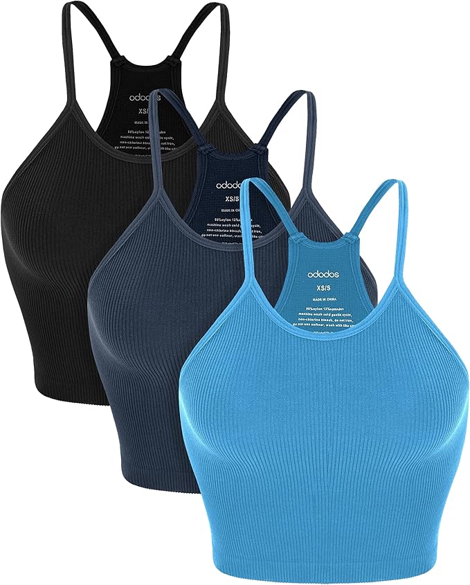 ODODOS Women's Crop 3-Pack Washed Seamless Rib-Knit Camisole