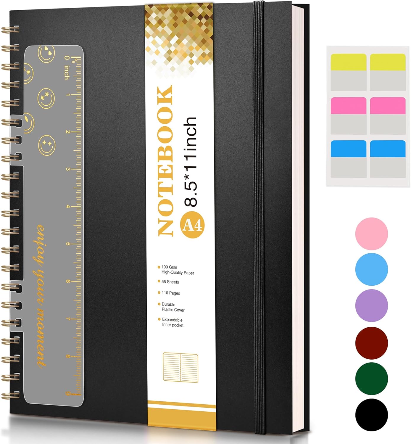 Large College Ruled Spiral Notebook 8.5x11, 100 GSM Paper, Plastic Hardcover, Black