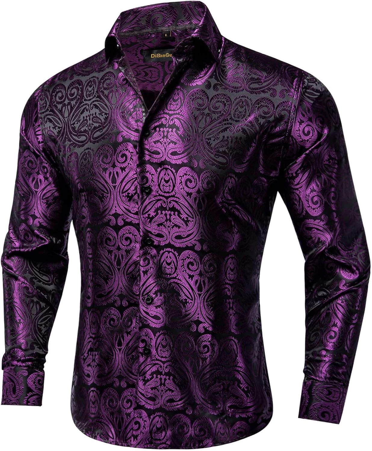 DiBanGu Mens Silk Paisley Dress Shirts for Weddings and Parties