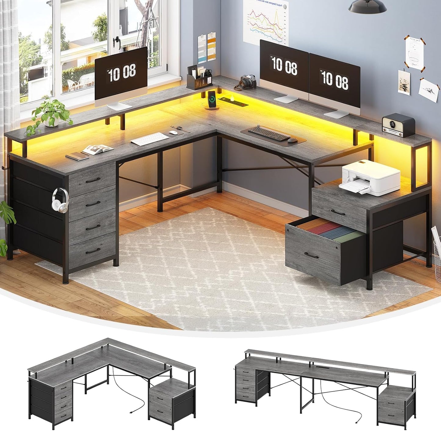 L Shaped Desk with 6 Drawers and Power Outlet for Home Office