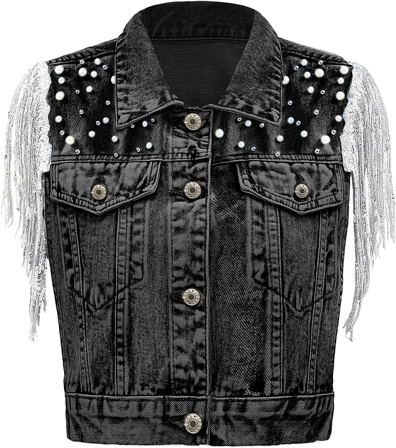 Women's Pearls Beading Denim Vest with Sequin Fringe Style