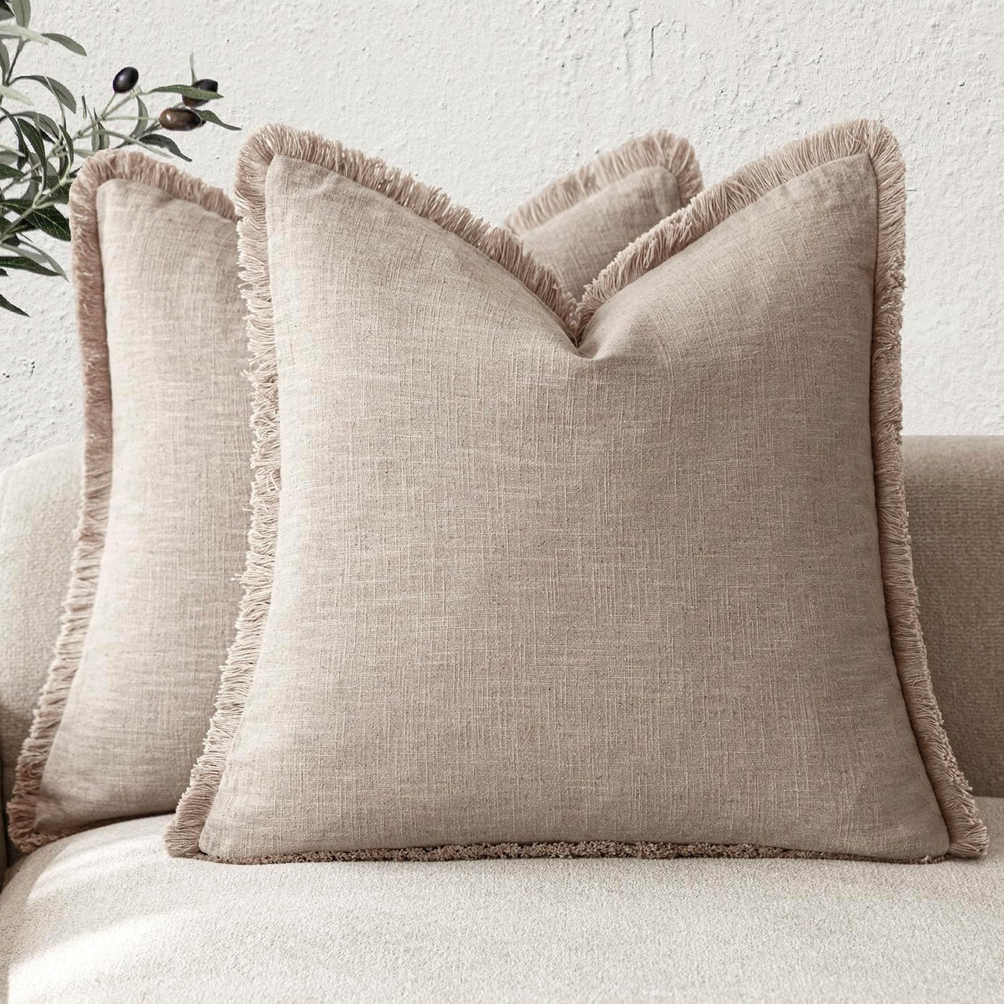 Boho Decorative Linen Fringe Throw Pillow Covers Set of 2