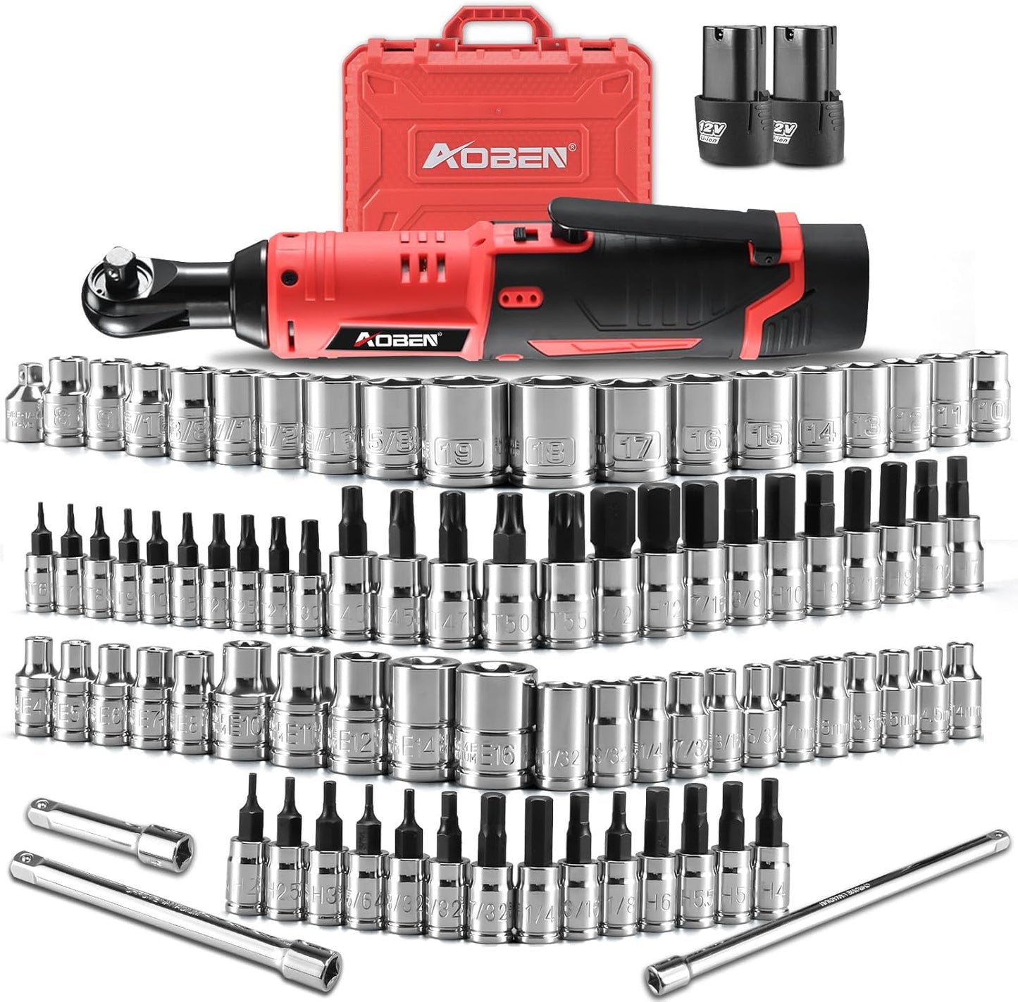 AOBEN Cordless Electric Ratchet Wrench with 83pc Socket Set