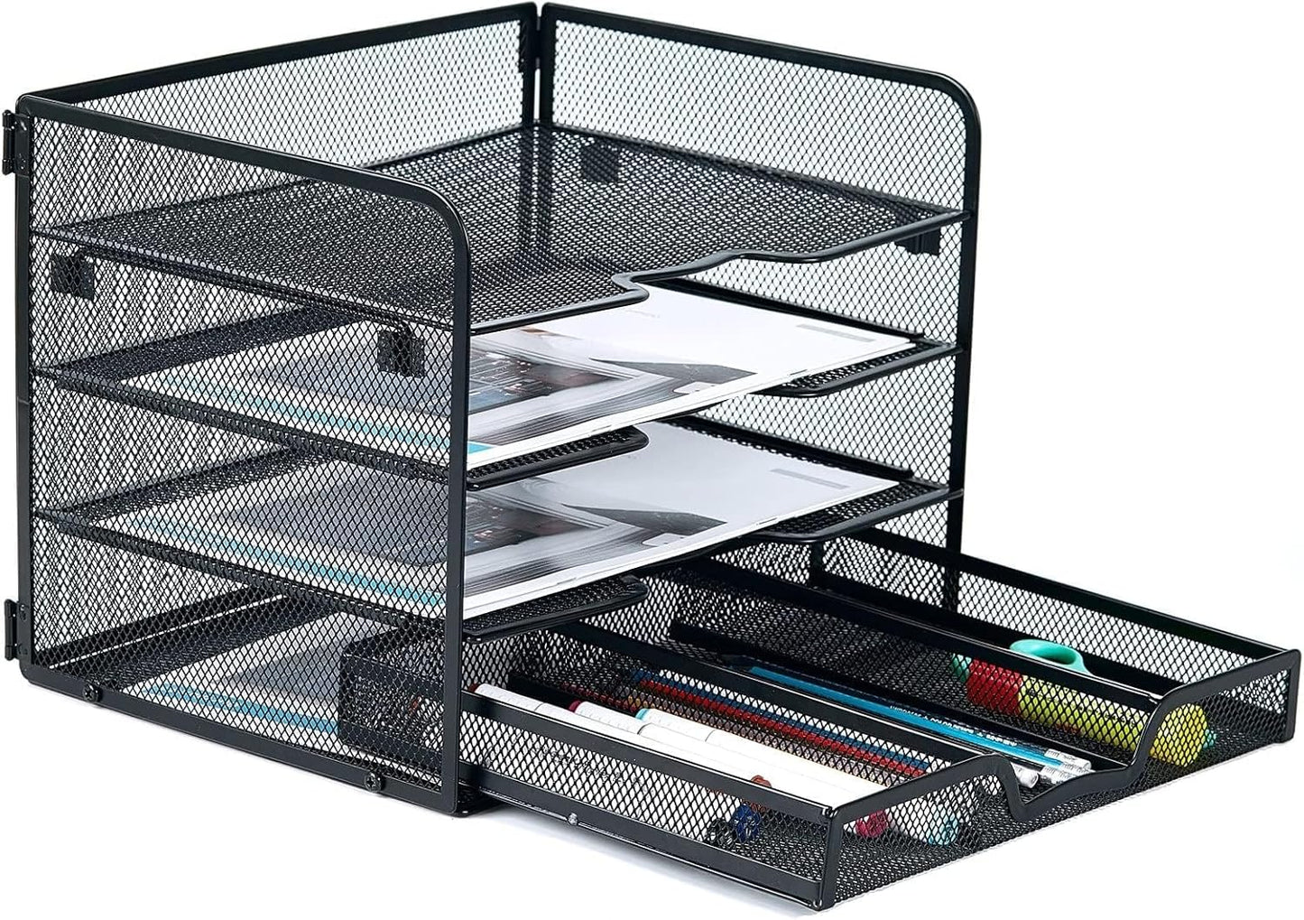 4 Tier Mesh Paper Tray with Sliding Drawer - Black