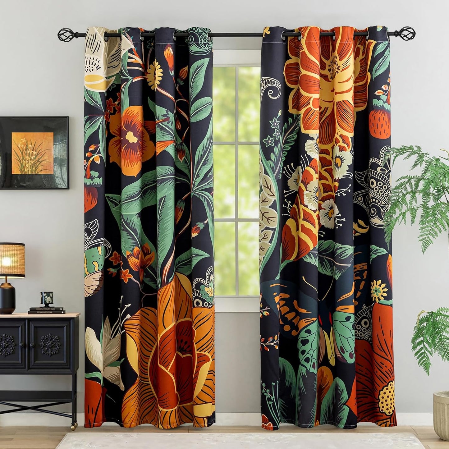 Black Boho Floral 100% Blackout Curtains for Bedroom 84 in Long