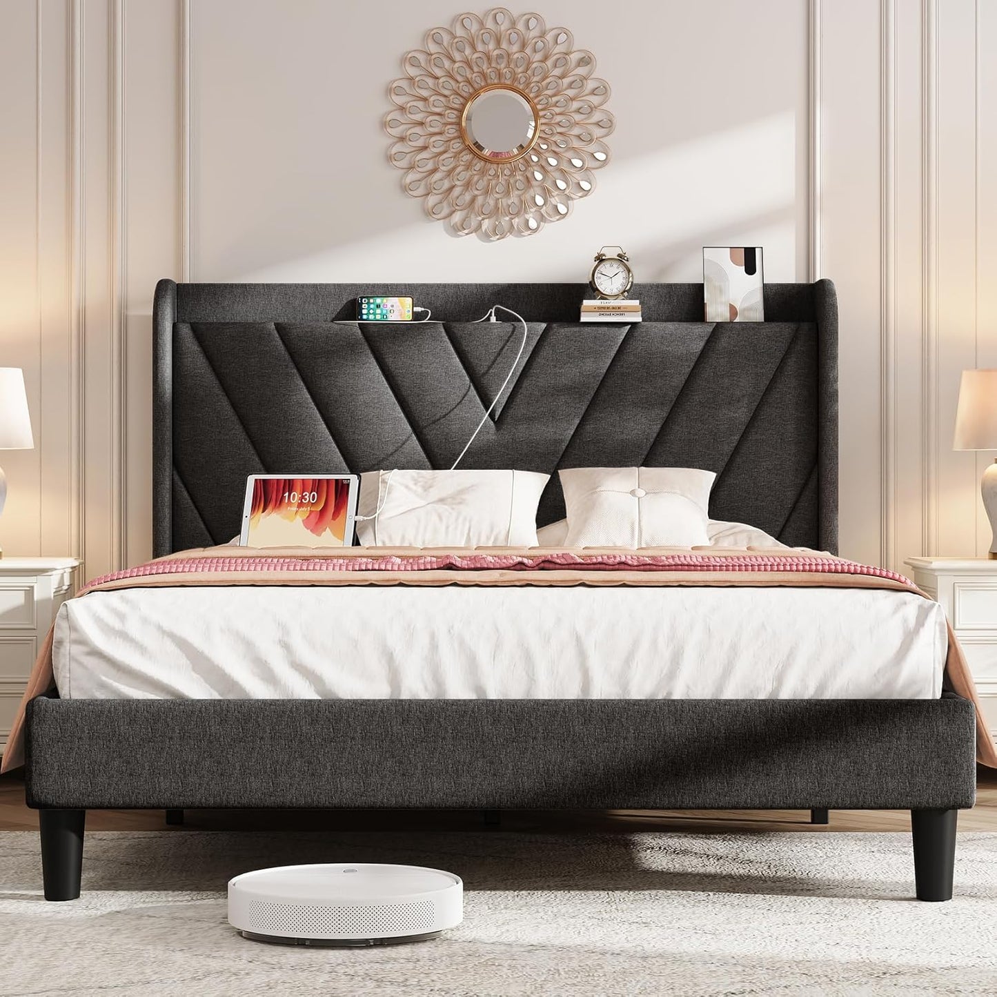 Koorlian Full Bed Frame with Adjustable Headboard and USB Ports