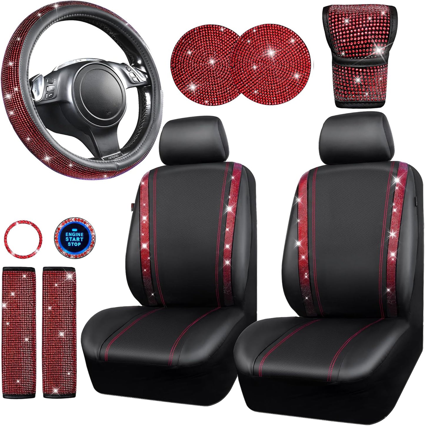 CAR PASS Leather Red Diamond Seat Cover Set for Women, 11pcs