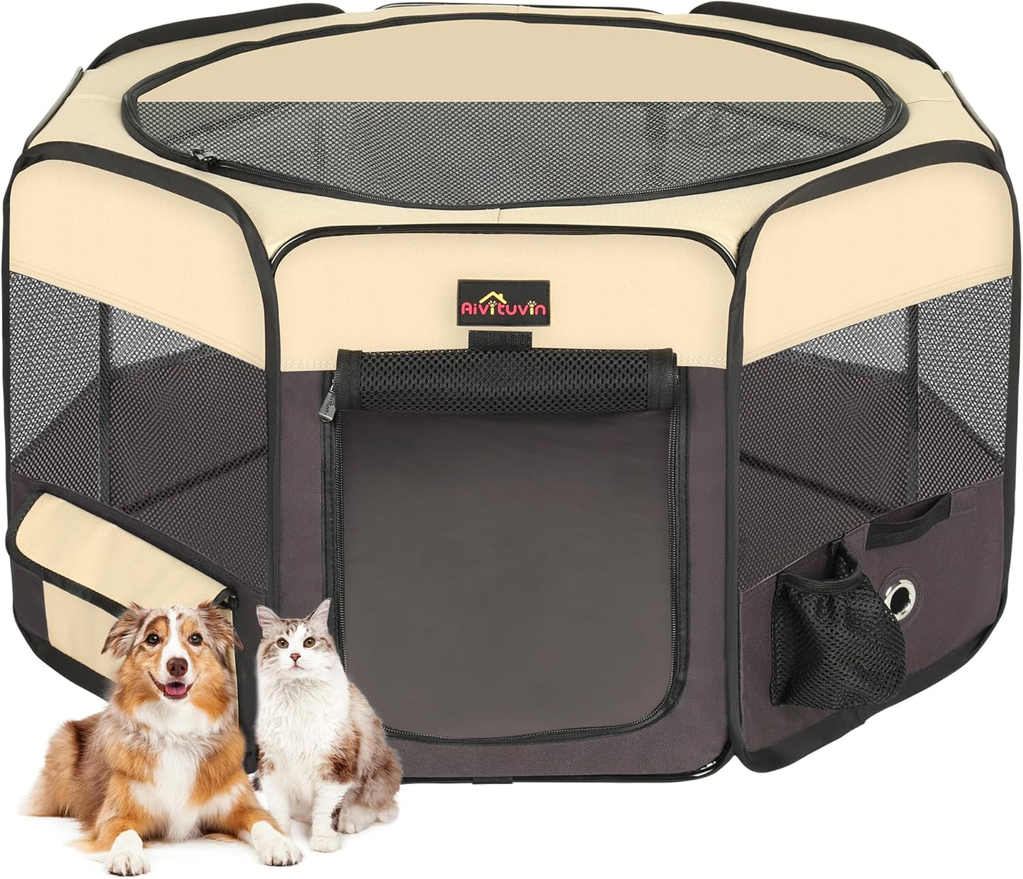 Aivituvin Portable Pet Playpen for Puppies and Cats, Brown