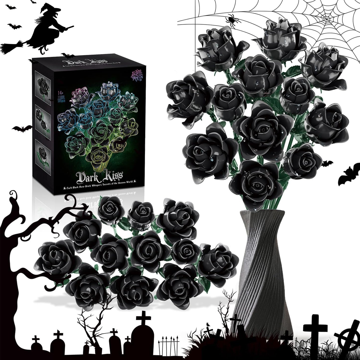 Black Roses Flower Building Set for Gothic Floral Decor