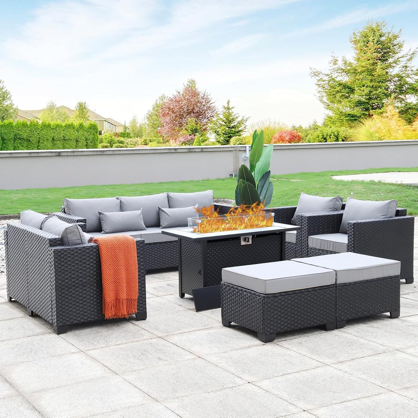 7 PCS Outdoor Furniture Set with 60000 BTU Fire Pit Table
