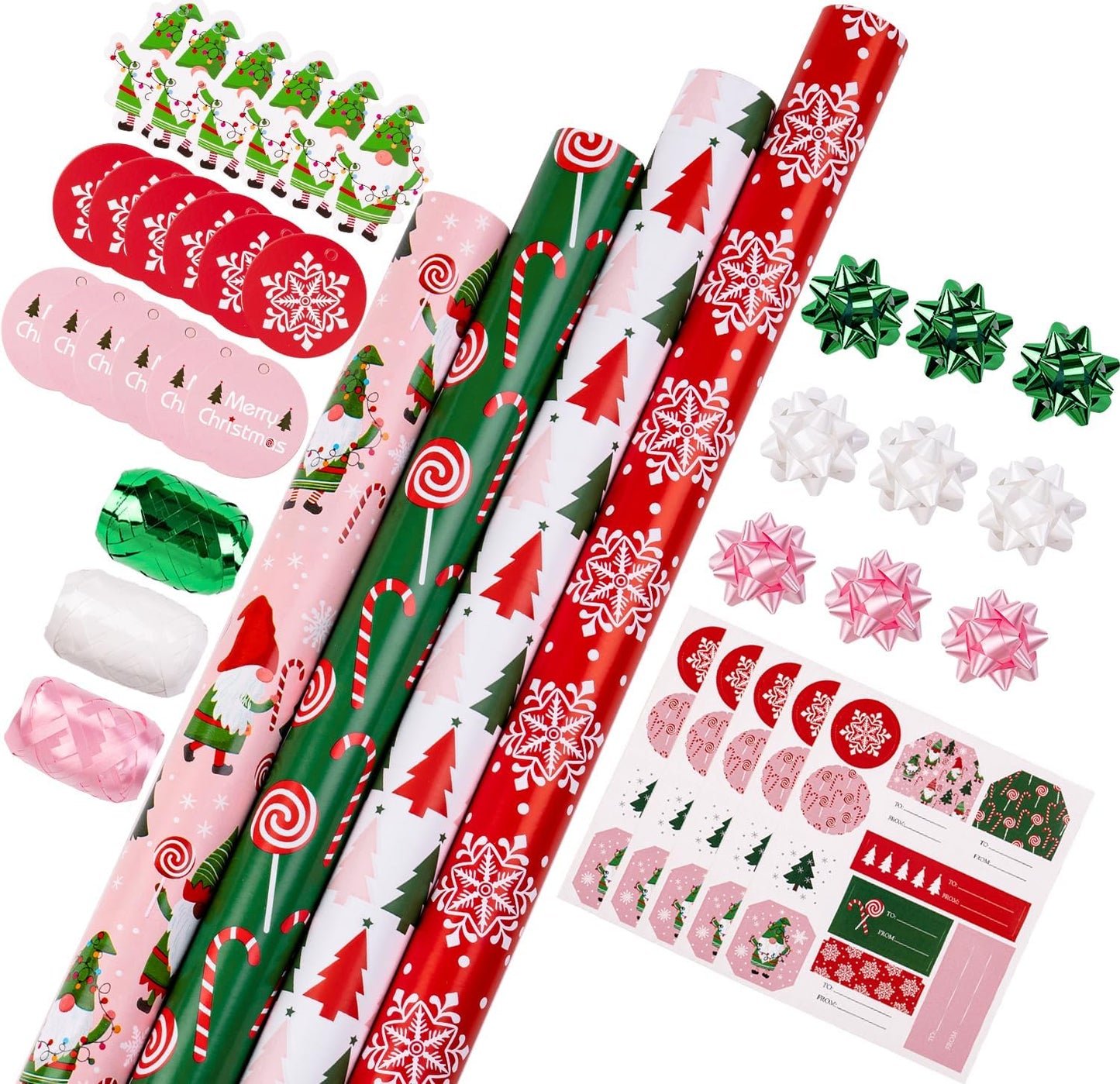 Christmas Gnome Elf Wrapping Paper Set with Bows and Tags