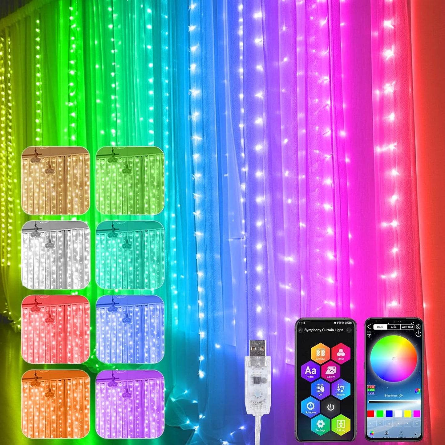 Colorful 300 LED Curtain Lights: Smart App Control!