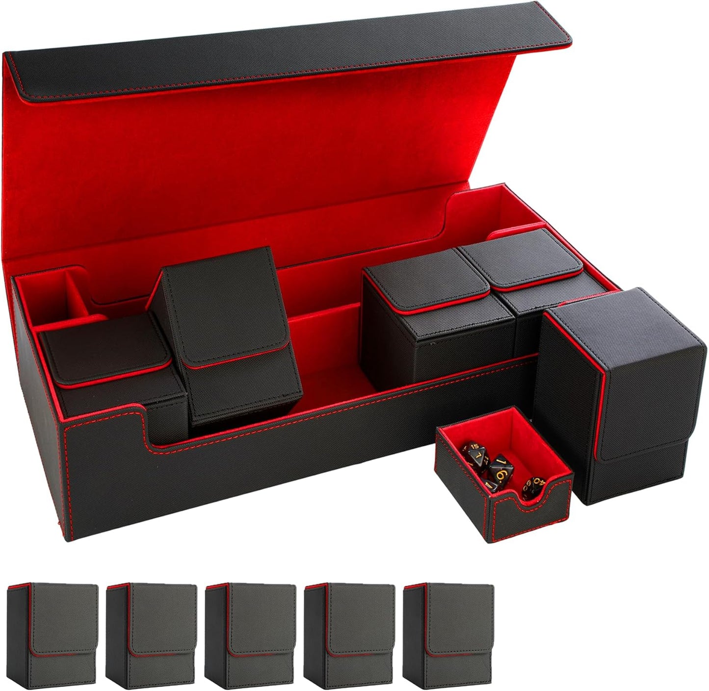 Tournament-Ready Card Case with 5 Deck Boxes and Dice Tray