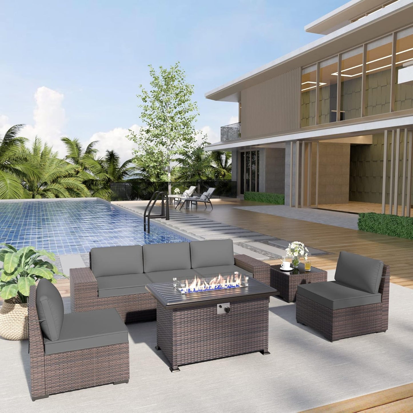 Kurapika 7 Pieces Patio Furniture Set with Fire Pit Table