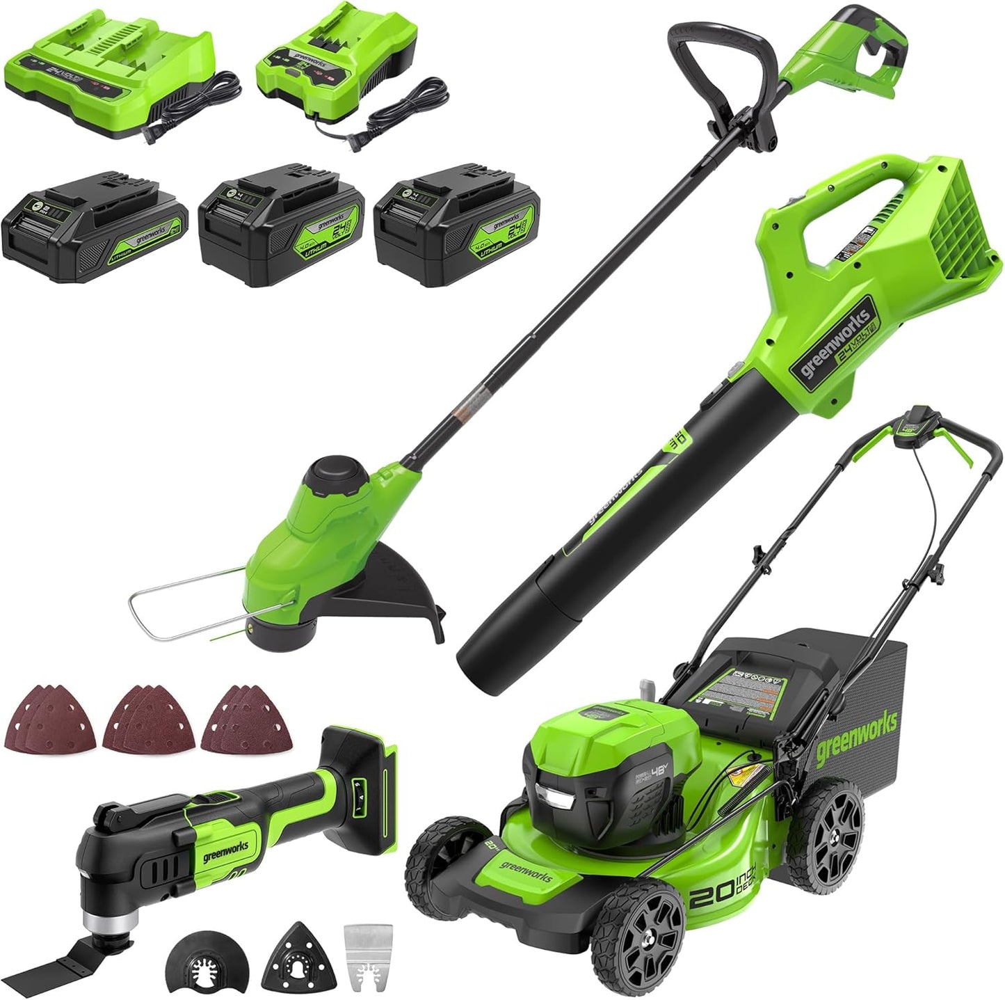 Greenworks 48V Cordless Combo: Mower, Trimmer, Blower & Tool