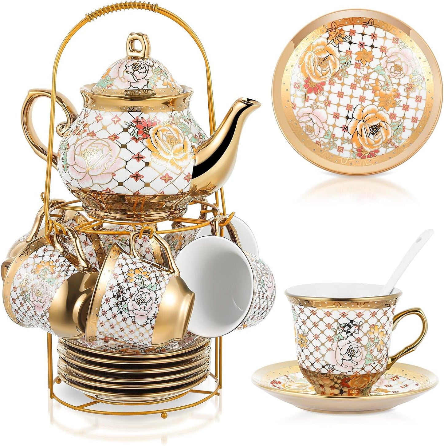 Elegant Porcelain Tea Set with Metal Holder and Spoon for Adults