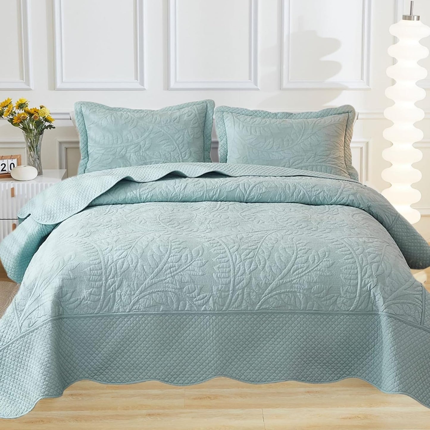 100% Cotton Quilt Set - Embroidered Farmhouse Bedding in King