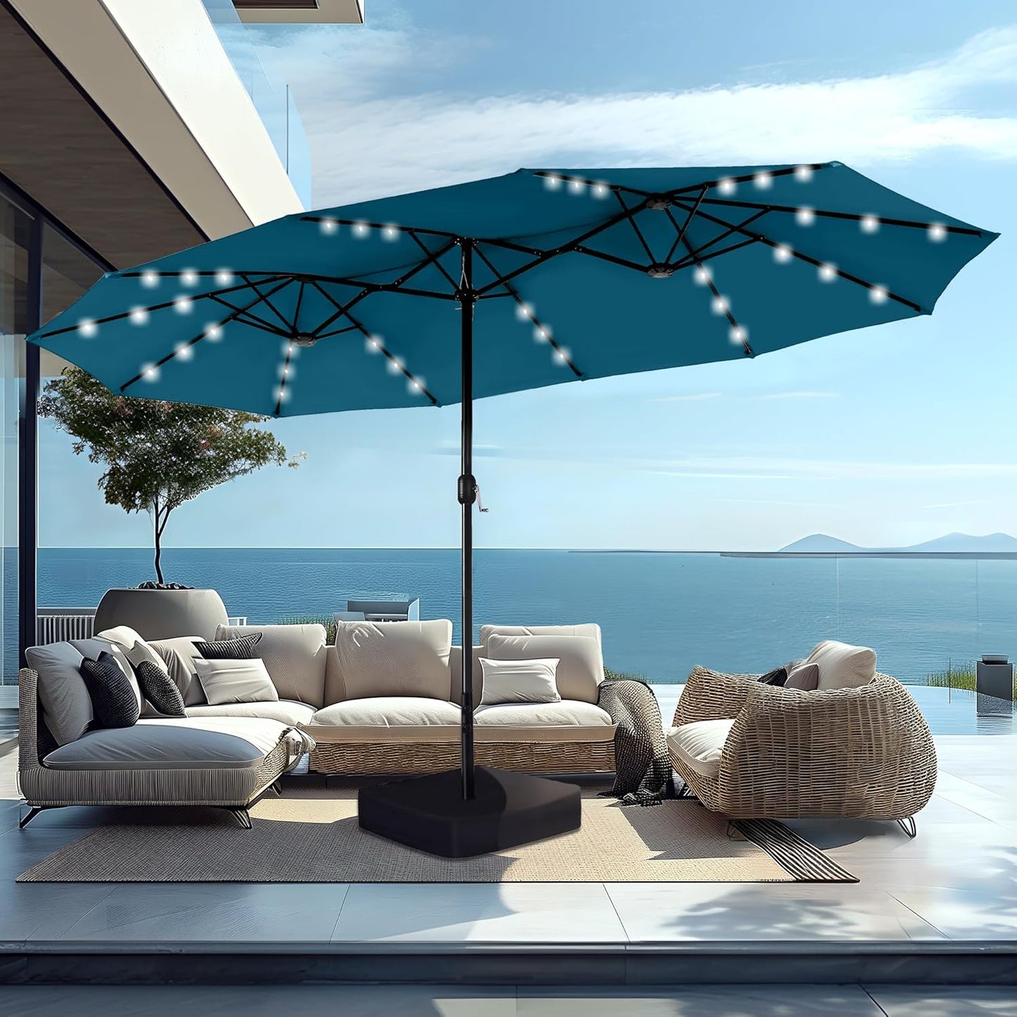 PHI VILLA 15ft Large Patio Umbrella with Solar Lights and Base