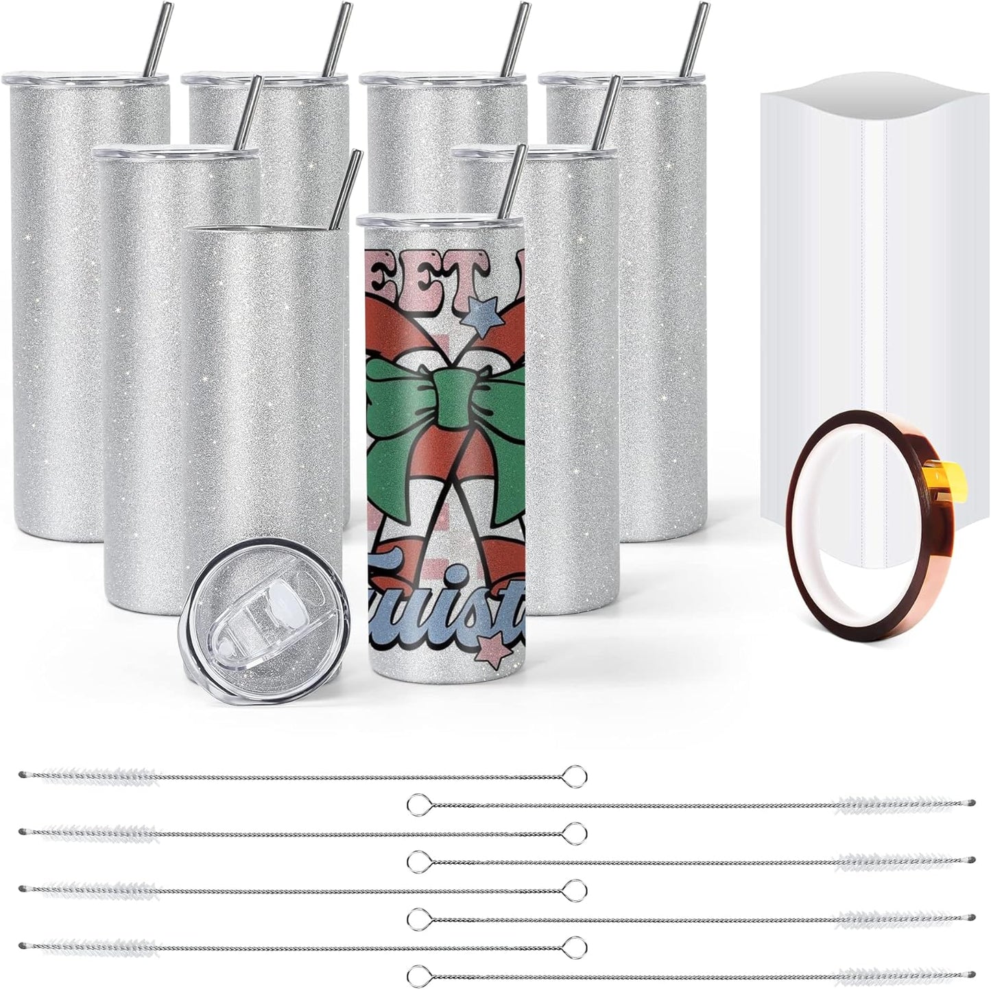 Sublimation Glitter Tumblers 20 oz Skinny Straight 8 Pack